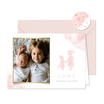 Lief geboortekaartje met silhouet 2 zusjes en eigen foto